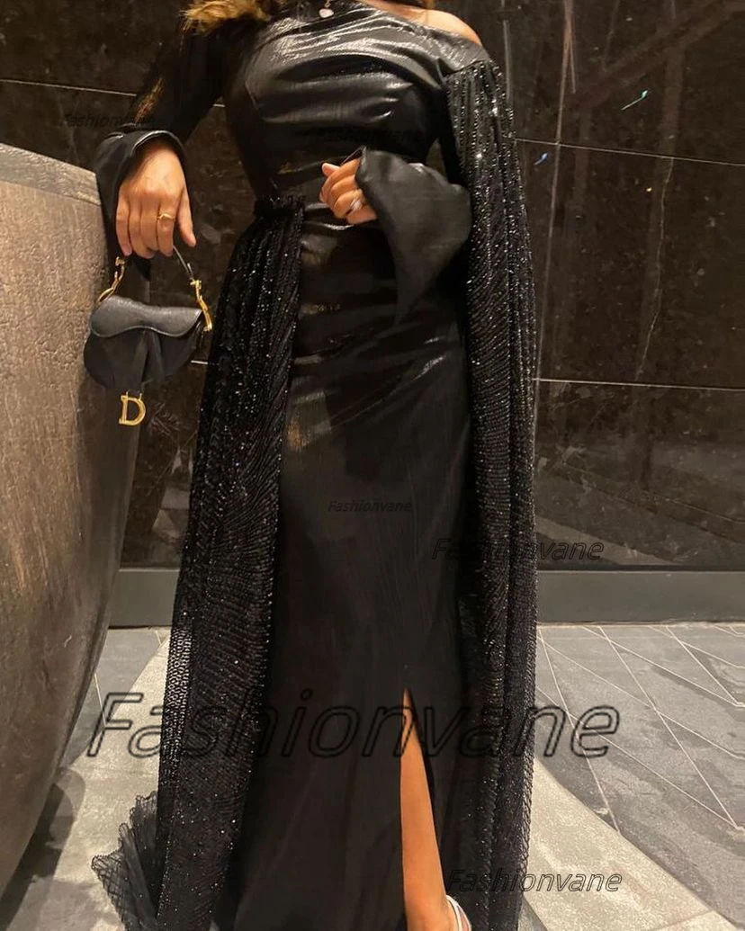 Fashionvane 2024 Newest Neckline Long Sleeves Prom Dresses Side Slit Sexy Vestidos Party Evening Formal Occasion Banquet Gowns