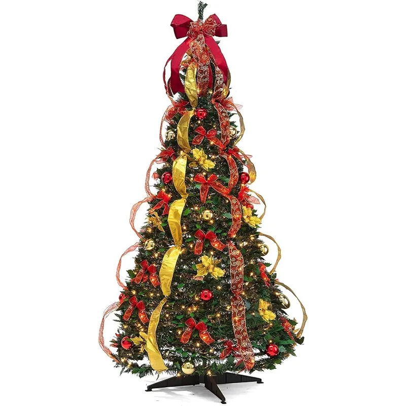 Premium 6 ft Pre-Decorated Christmas Tree with 350 Warm Lights, Gold and Red Color, Polyvinyl Chloride Material,