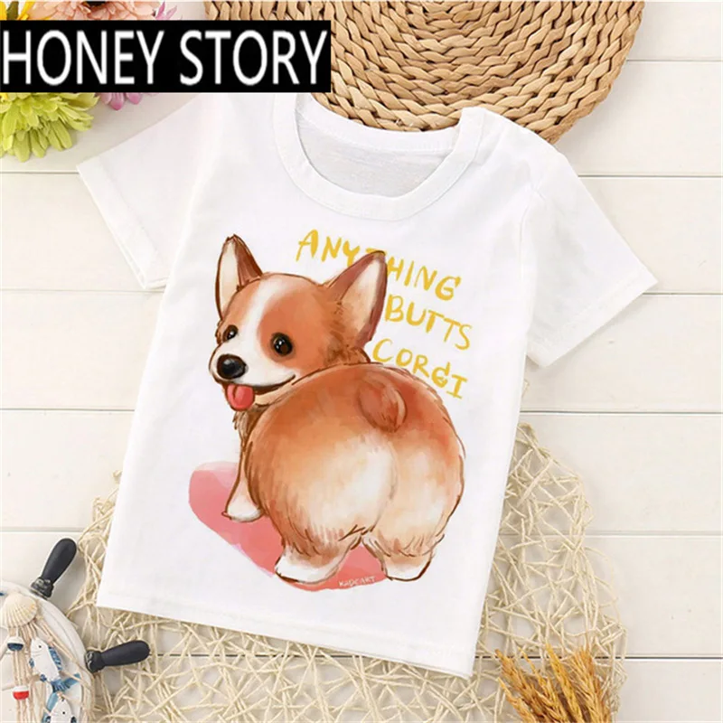 

Europe and The United States Summer New Baby T-shirt Cartoon Animal Corgi Dog White Short-sleeved Top T-shirt Wholesale