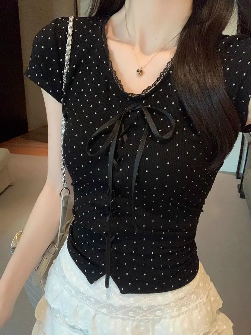 

Vintage Print Polka Dots Slim Fit Slim Black T-shirt Top with Lace Small Man Short Sleeve V-neck Summer New