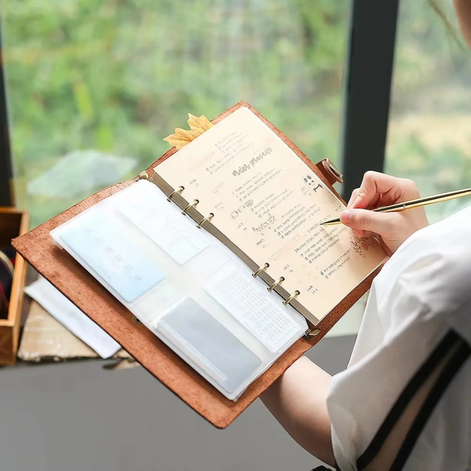 A5 Genuine Leather Notebook, 6 Ring Binder Journal With Brass Snap Closure And Pen Loop, Refillable Lined Pages For Office Schoo