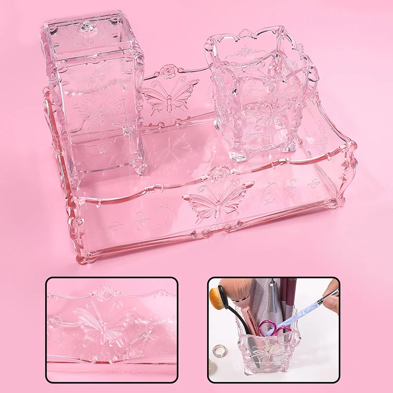 Almofada de algodão caixa de armazenamento de unhas borboleta transparente rosa design guardanapos recipiente escova organizador caso de maquiagem ferramentas da arte do prego