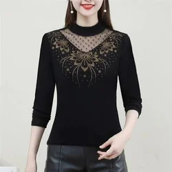 Oversize Versatile Fashion Women's Clothing Autumn and Winter New Lace Half High Neck Long Sleeve Simplicity Commuter Pullover