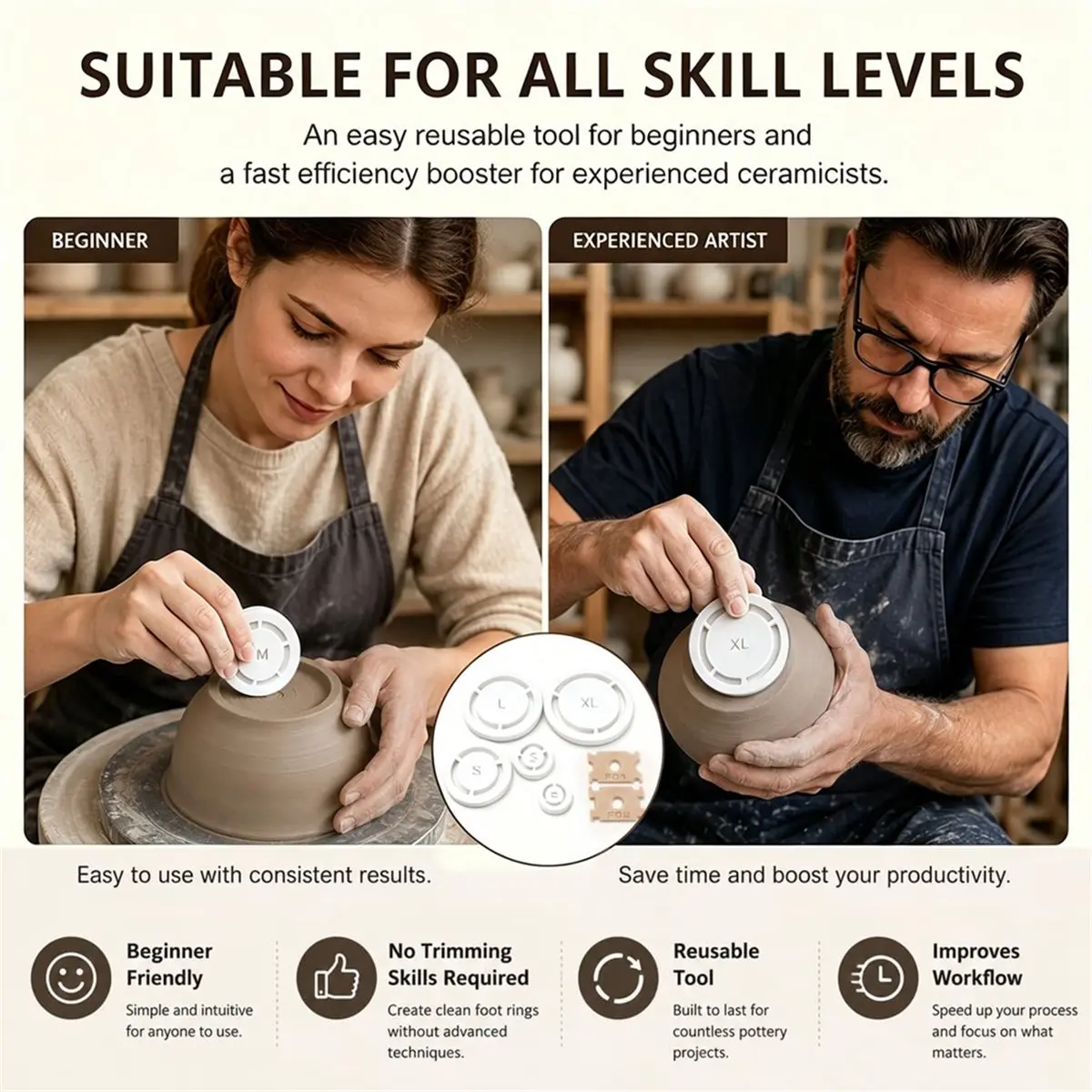 7Piece Pottery Foot Ring Tool Set, Clay Base Aligner and Even Foot Press for Ceramic Bowls, Cups and DIY Wheel Projects