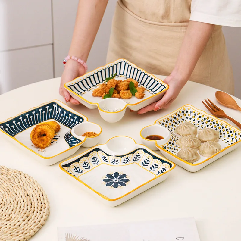 Bohemian dumpling plate set, which includes two ceramic divided plates and a dip dish. These plates are very versatile in use.
