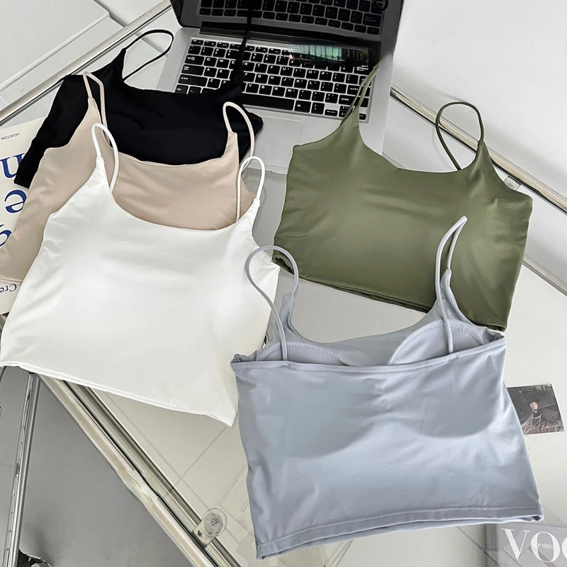 Summer Solid Color Ice Silk Camisole All-in-one Fixed Cup Inner Wear Outer U-neck Thin Strap Beautiful Back Tube Top Wholesale