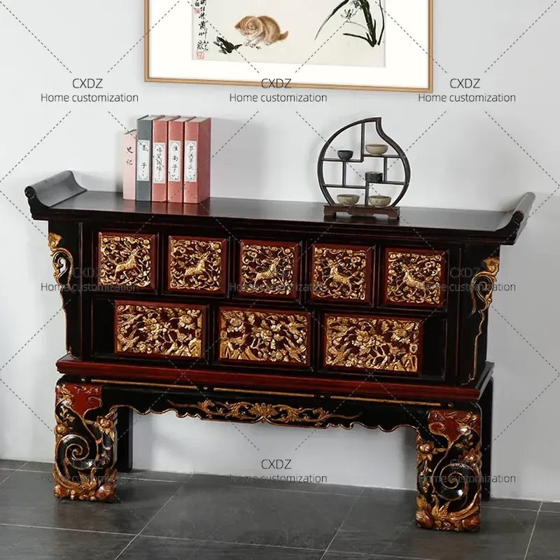 New Chinese Style Solid Wood Console Table Classical Carved Storage Desk with Warped Head Design for Porch Entryway Hallway
