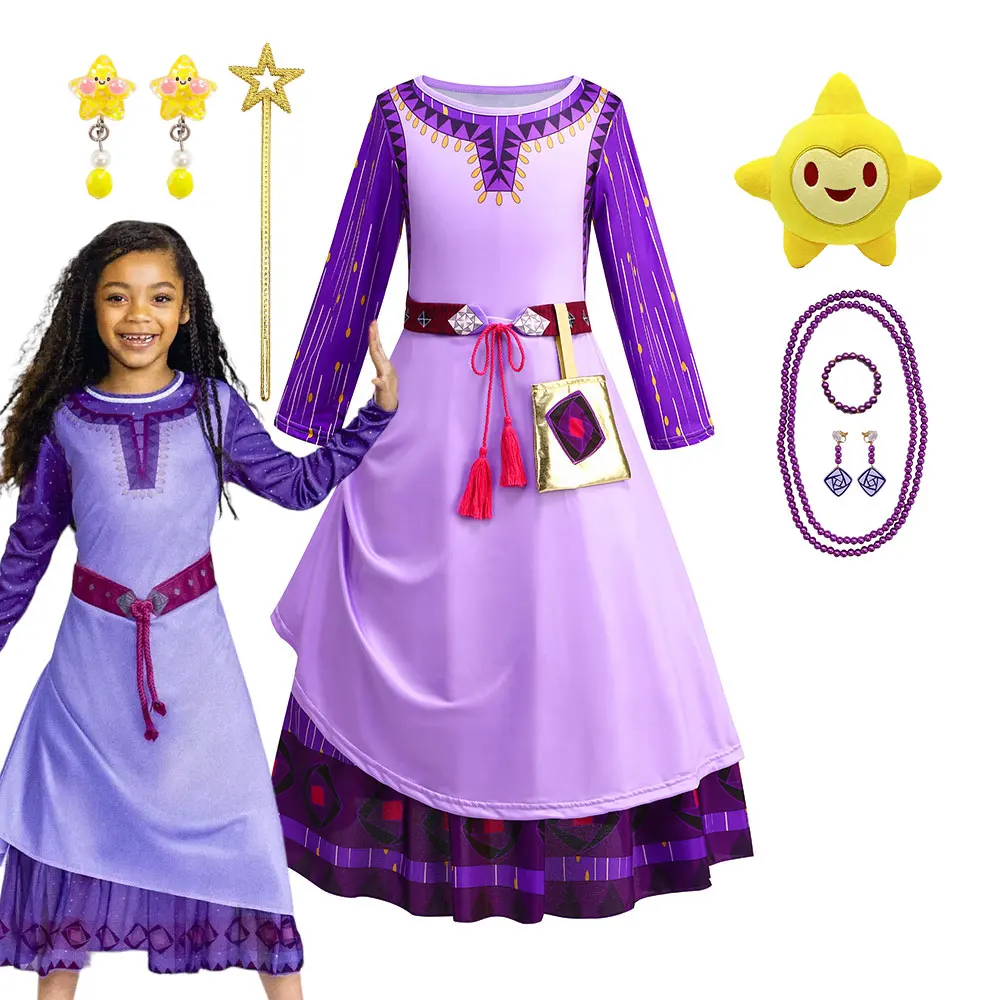 Mädchen Lust auf neue Prinzessin Kleid mit Gürtel und Tasche der Film Wunsch Rollenspiel Asha Kostüm Kinder Karneval Kleidung 2024 Halloween