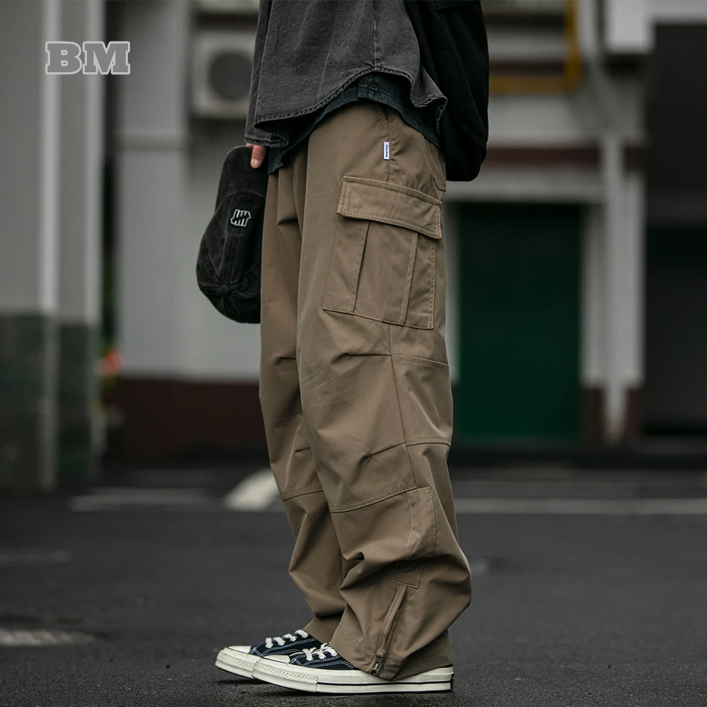 Japanese Streetwear Soft Straight Cargo Pants For Men Clothing Korean Double Sided Twill Trendy Multi-Pocket Trousers Male