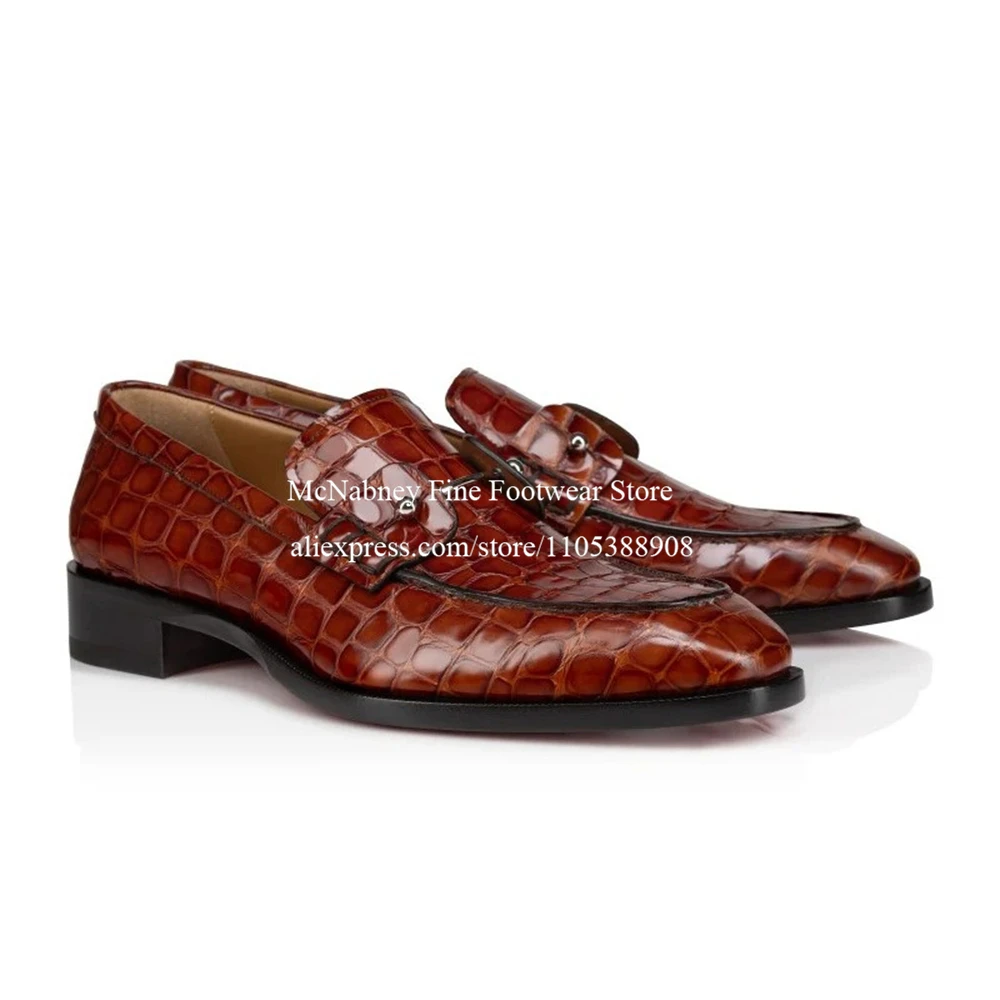

Crocodile Pattern Leather Loafers Slip On Round Toe Metal Beads Decor Men Dress Shoes for Formal Business Weddings Plus Size