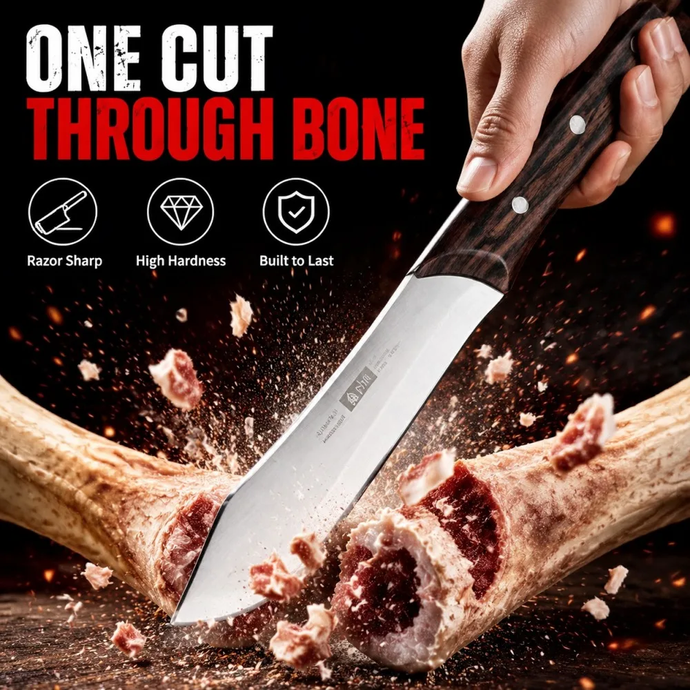 Household Stainless Steel Meat Cutting Knife with Wood Handle, Pork Dividing Knife, Butcher Knife, Bone Cutting Knife ﻿