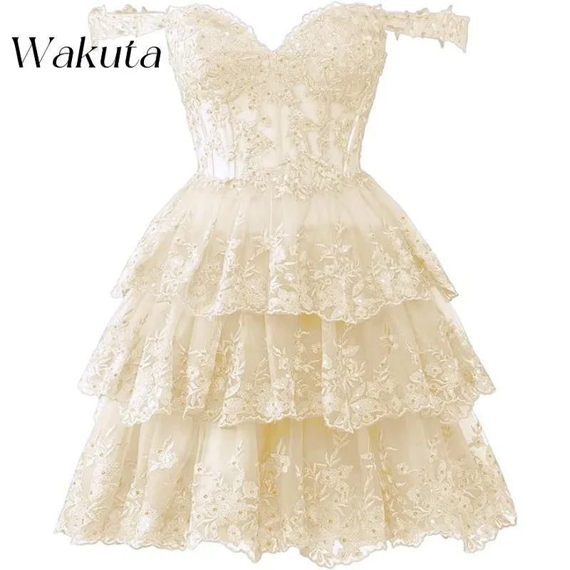 Wakuta Sexy Strapless Strapless Kanten Jurken Glitter Tule Reünie Gewaad Korset Gelaagde Formele Feest Vestidos De Fiesta فستان سهرة