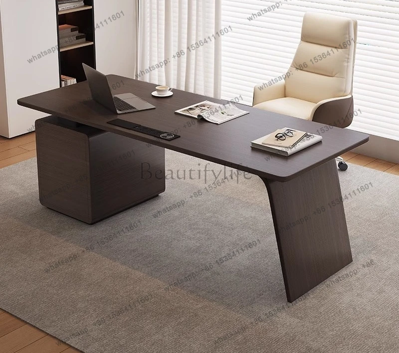 High-end office computer desk with side cabinet Italian minimalist light luxury solid wood desk