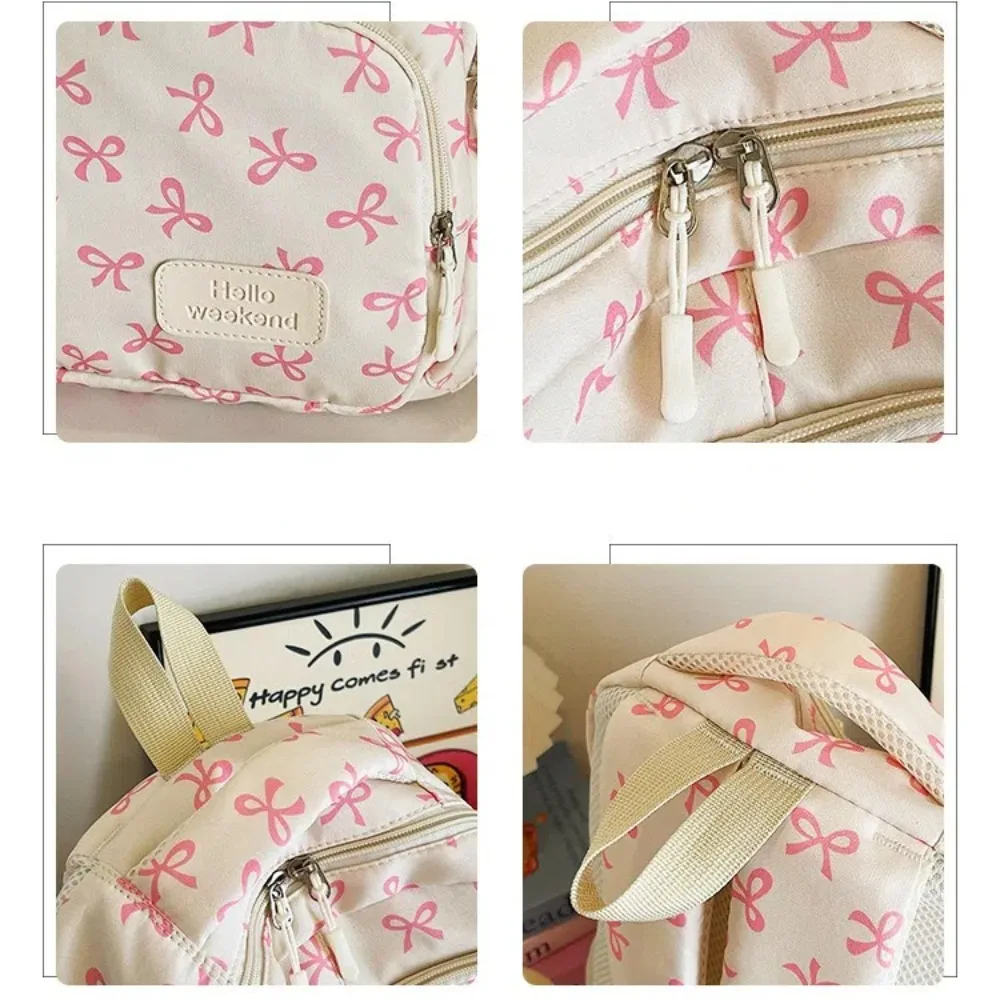 3 Pcs/Set Cute Large Capacity Bow Backpack Bow Print Nylon Student Backpack Adjustable Strap School Bag