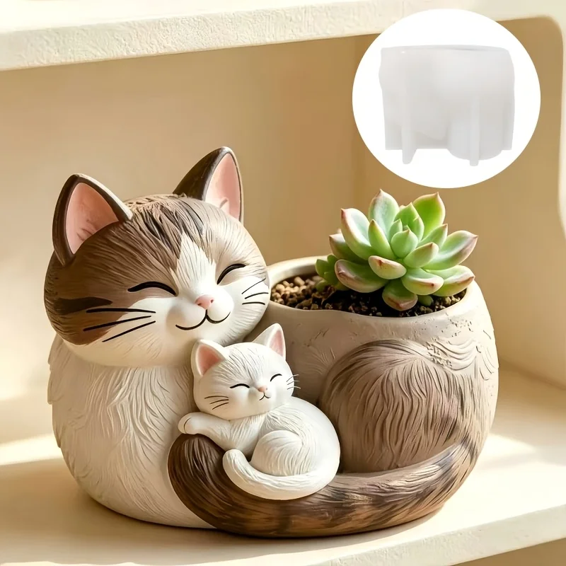 Cat and kitten succulent plant flowerpot resin silicone mold cat family shape candle cup gypsum mold Halloween Christmas gift