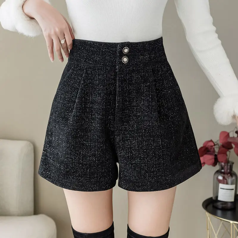 Simplicity Office Lady Sping Autumn Women's Solid Elastic High Waist Bright Silk Button Pockets Korean Fashion Wide Leg Shorts