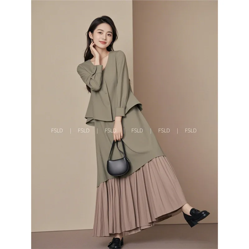 

YT383212 Generous and decent wear green dress two-piece set 2025 spring new women's clothing fashion pleated skirt tail