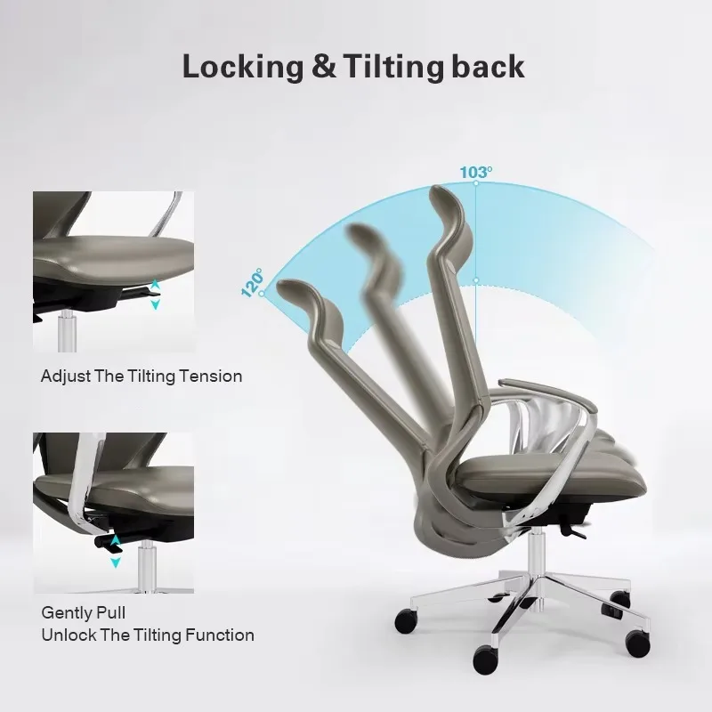 เก้าอี้สำนักงานหนังพนักพิงสูงฐานอลูมิเนียมอัลลอยด์ หมุนได้ พร้อมที่วางแขน สำหรับใช้ในบ้านหรือสำนักงานผู้บริหาร