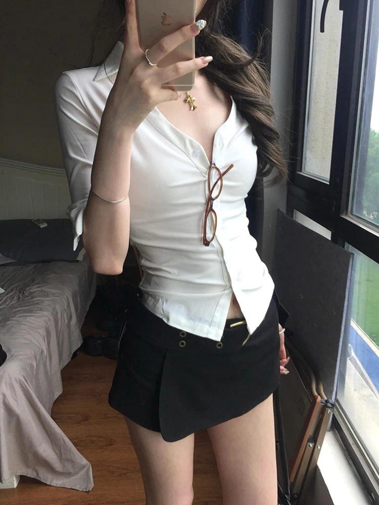 Sexy Witte irt V-Ne Taille-Gekalkt Slip-On ort Sve Vrijetijdskleding voor Dames Knoopdetail Pure Kleur Zomer irt