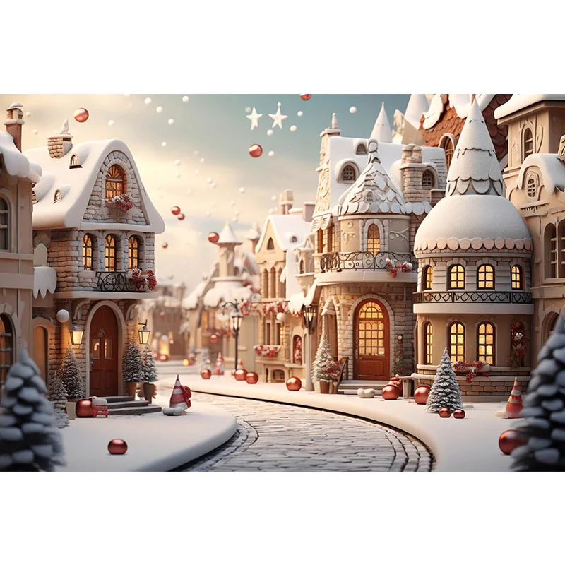 Christmas Photo Background Fairytale Town Snow Brick Road Xmas Trees Decor Backdrop Kids Adult Portrait Photography Studio Props