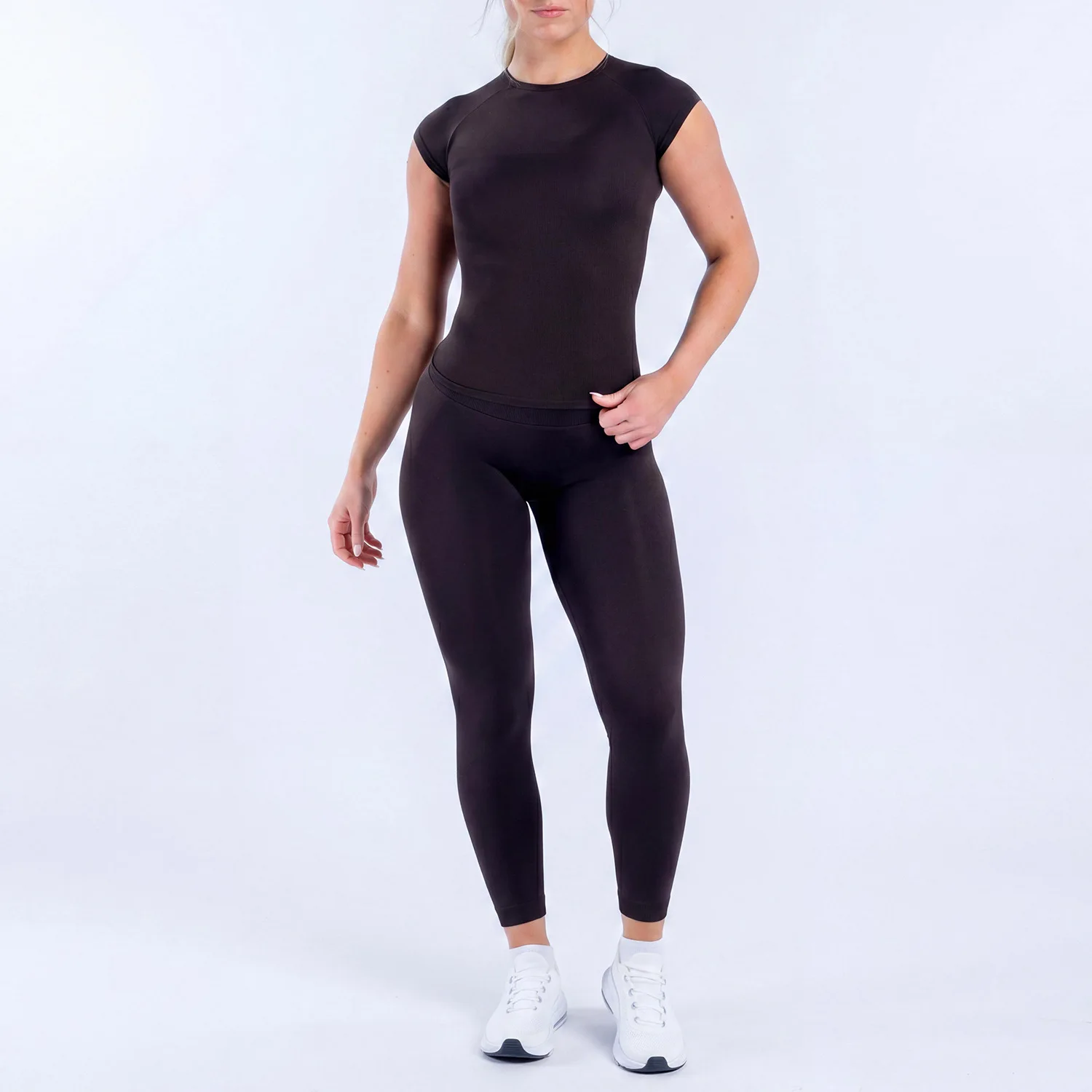 WAREBALL Damen 2-Teiliges Nahtloses Fitness-Outfit Kurzarm-Oberteil Hochgeschnittene Leggings Gym Workout Sportbekleidung Yoga-Set – Detail 10