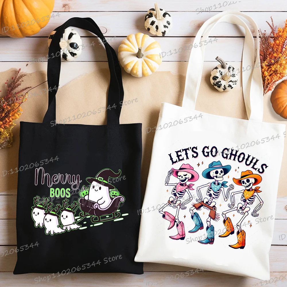 

2025 Halloween Unisex Boo Handbags Canvas Cartoon Ghost Spooky Season Design Y2K Shopping Bags Student Vintage Shoulder Bag