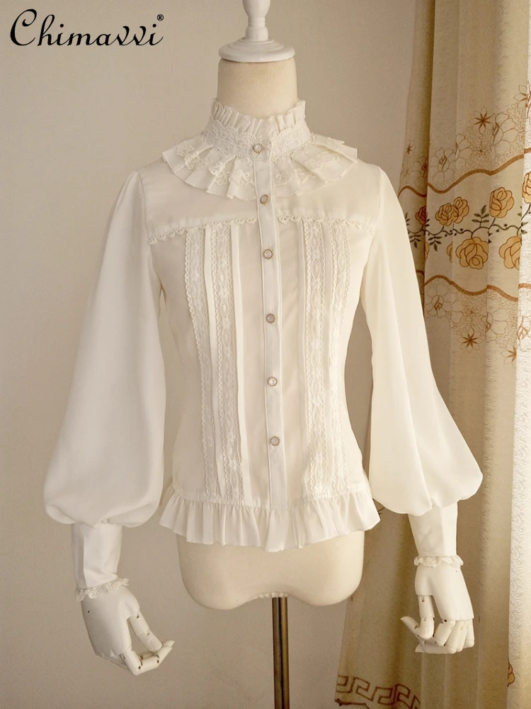 Summer 2024 French Vintage Single-Breasted Stand Collar Puff Long Sleeve Chiffon Lace Ruffled Princess Lolita Blouses For Women