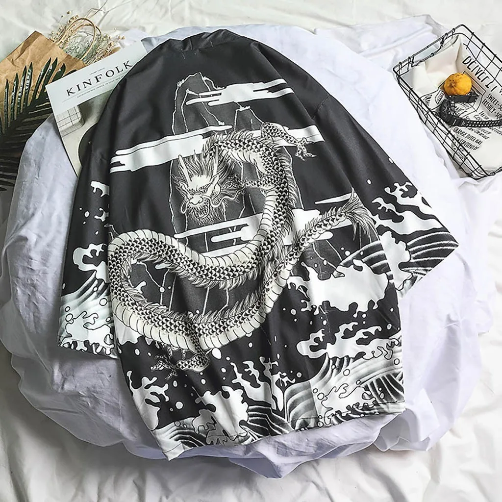 Dragon Print Kimono Shirts Japanese Haori Yukata Samurai Cardigan Men Blouse Oversize Loose Coat Kimono Cardigan Male Clothing