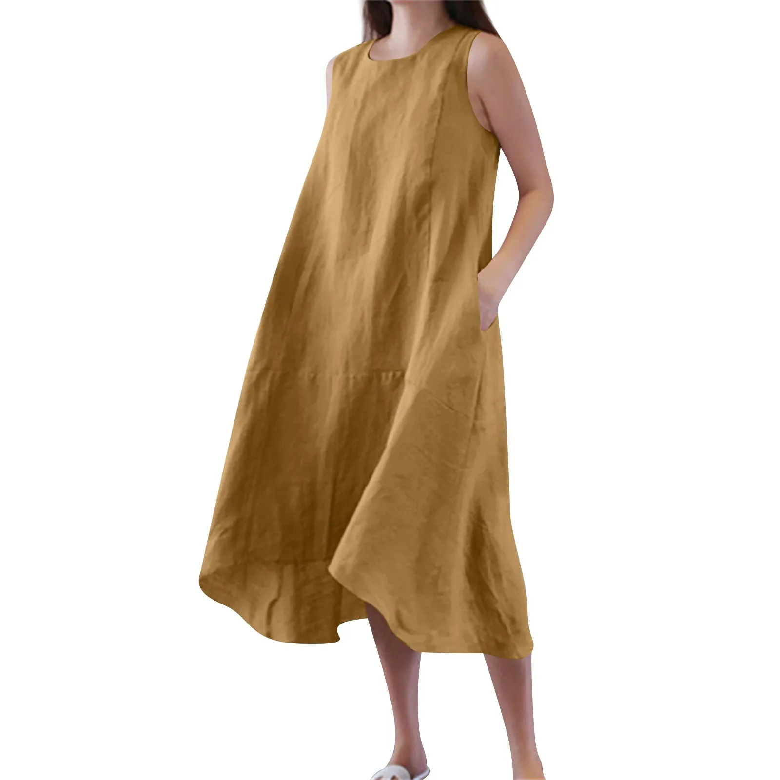 Women's Loose Irregular Hem Large Swing Sleeveless O-neck Loose Solid Color Elegant Cotton Linen Dress Fashion Daily Long Skirt