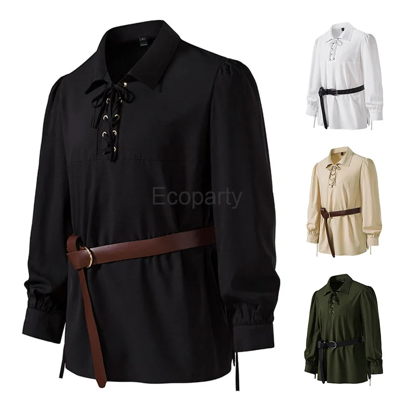 Men's Medieval Knight Warrior Costume Black Tunic Clothing Norman Chevalier Braid Pirate Cosplay Lapel Blouse Halloween Outfits