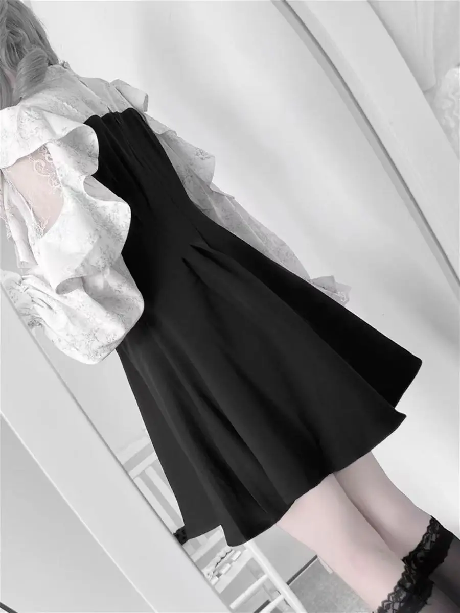 일본 카와이 로리타 드레스 여성 달콤한 Y2k 미적 레이스 패치 워크 가짜 두 조각 프릴 드레스 고딕 파티 미니 드레스