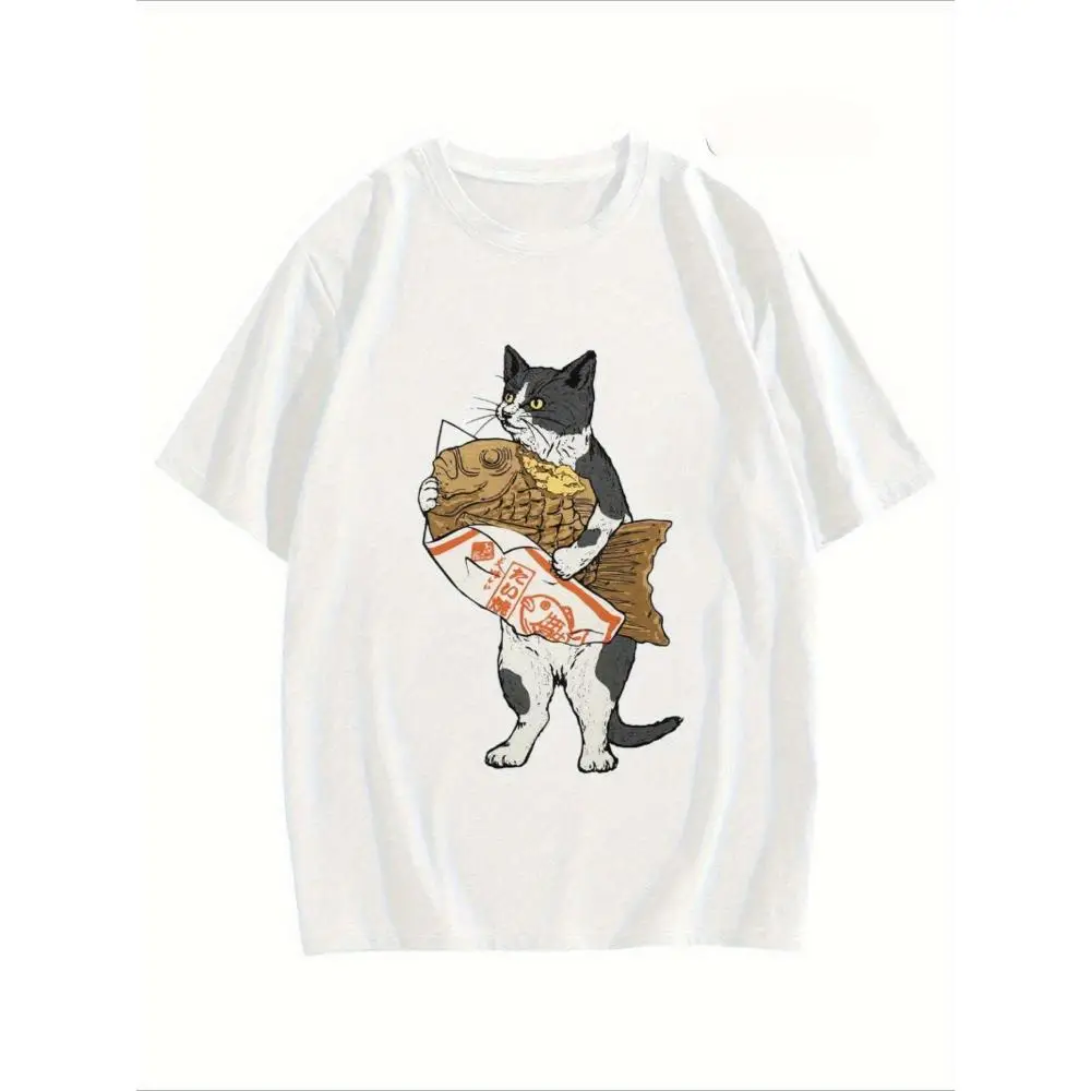 Men's Humor Cat Fish Print T-Shirt 100 Cotton Crew Neck Casual Shirt Kawaii Patten Applique Design Machine Wash OK Summer Top