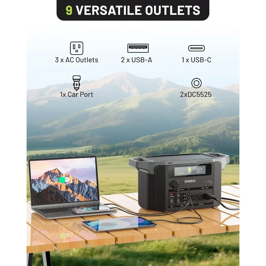 Estação de energia portátil 600W 655Wh 182 000mAh Gerador solar com saída USBC de 100W 120V Tomadas CA de onda senoidal pura para exterior C