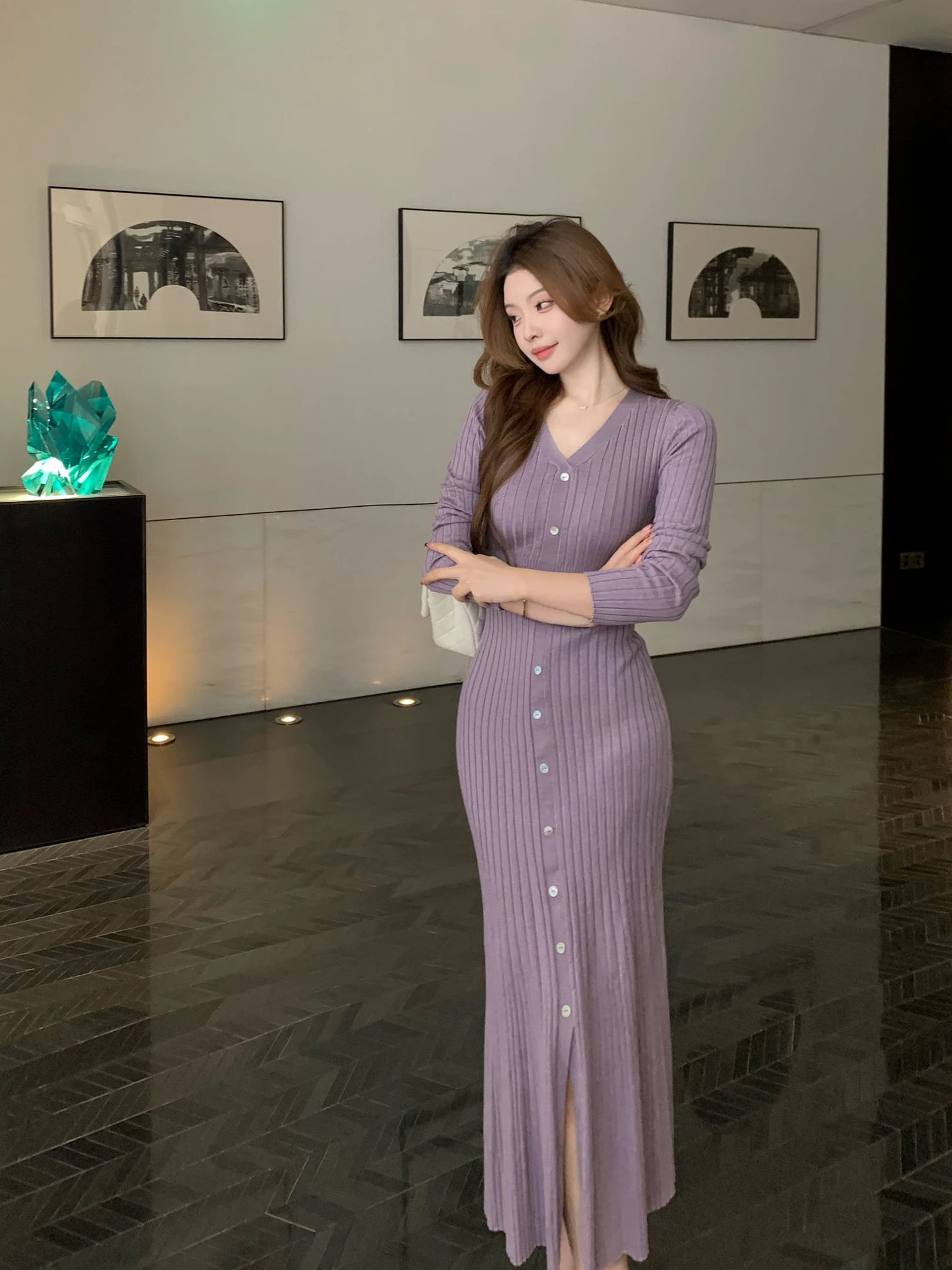 

Winter New Sle Slim Fit Long Sve V-Ne Knitted Dr Women's Faionable Ele Tea Handicap Ciwalk A-Line Dr