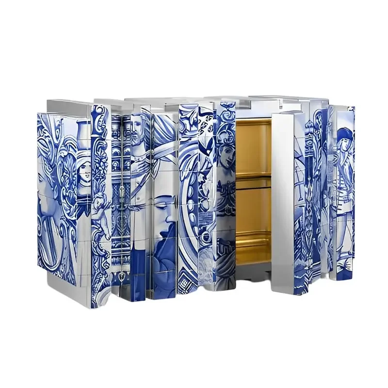 Portuguese hand-painted art light luxury dining side cabinets, designer villa luxury home entrance cabinets