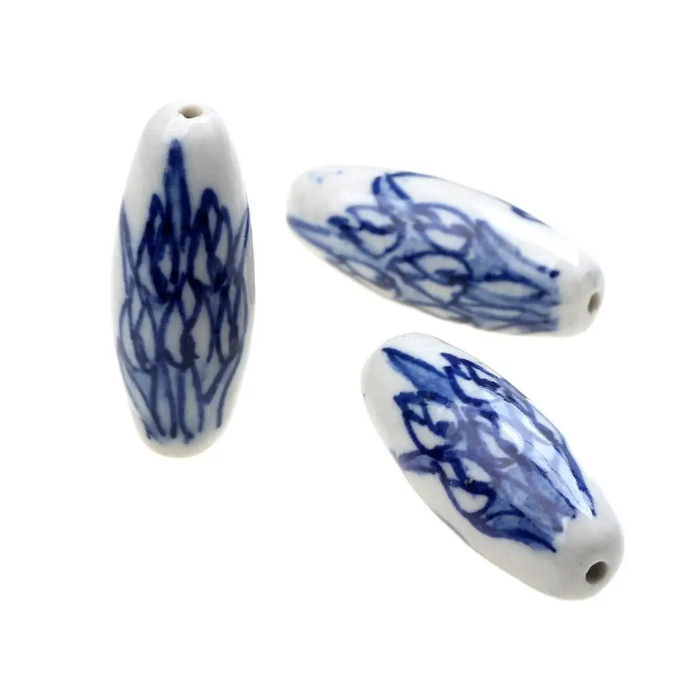 4Pcs/Lot 12×32MM Ceramic Loose Bead Blue And White Tulip Pattern Horse Eye Shape DIY Bracelet Necklace Earrings Jewelry Making