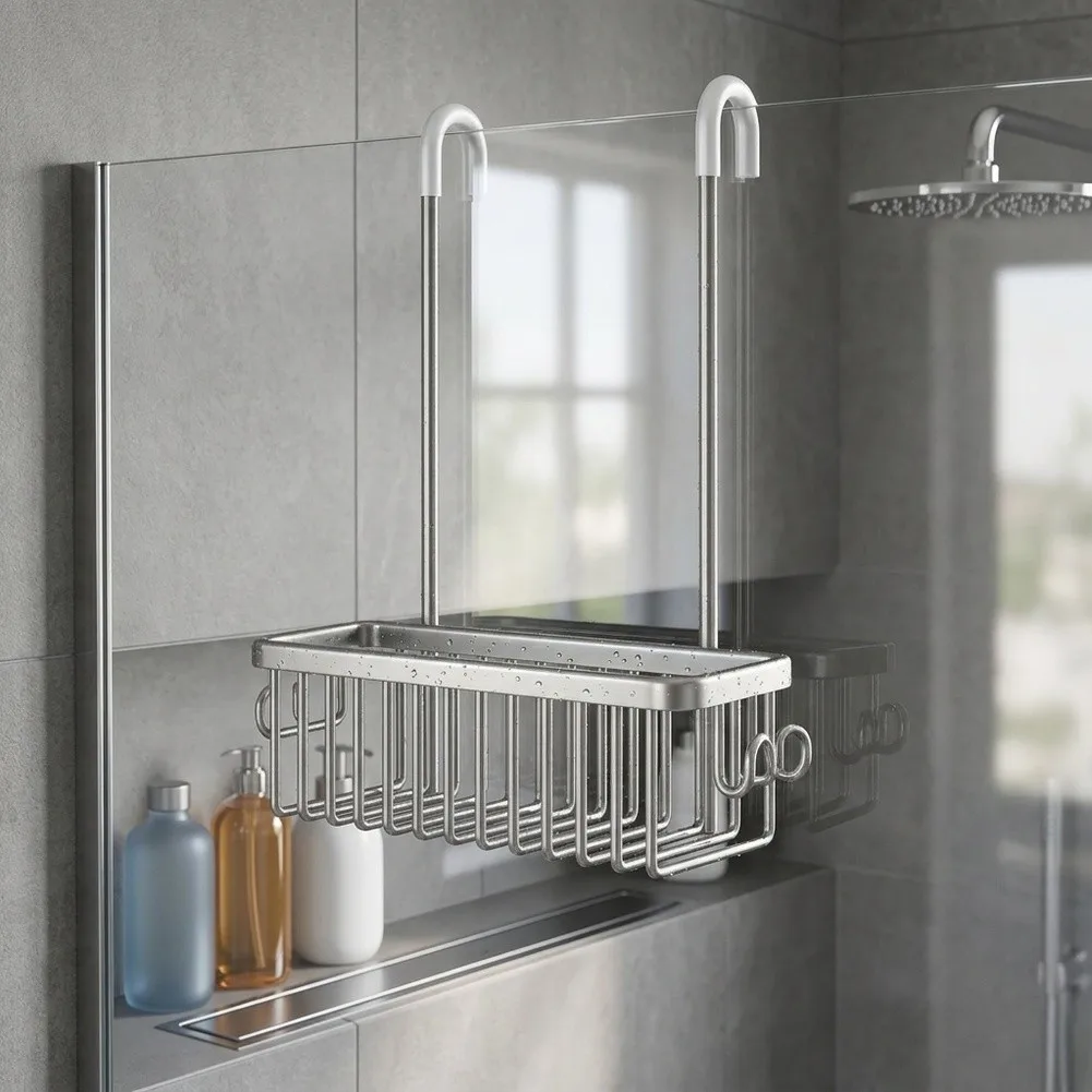 Shower Shelf for Hanging Basket Built for No-Drill Installation Scratch Resistant Hook Coverage and Reliable Daily Use