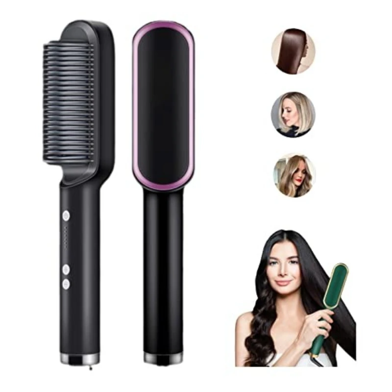 

2-in-1 Heated Styling Brush and Curler, 5 Temperature Settings, Portable Electric Hair Straightener Fast Heating and Anti-Scald