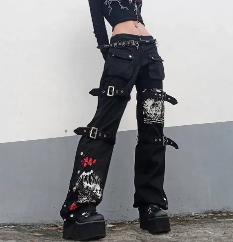 Street Cool Oversized Jeans, Metal Buckle Relaxed Denim Jeans, Printed Drapey Wide Leg Jeans, High Rise Casual Straight Pants