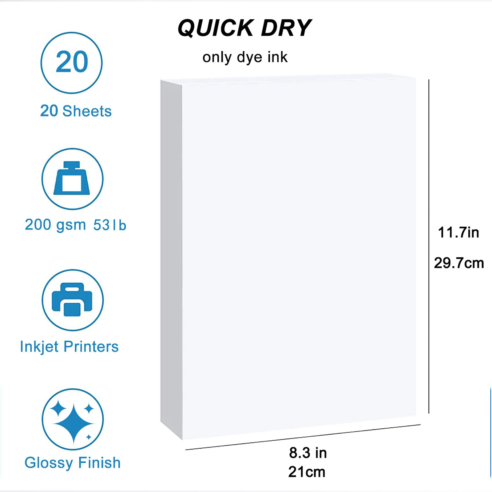20 hojas de papel fotográfico de alto brillo, 200Gsm, 53Ib, tamaño A4 (8,3x11,7 pulgadas), para impresora de inyección de tinta