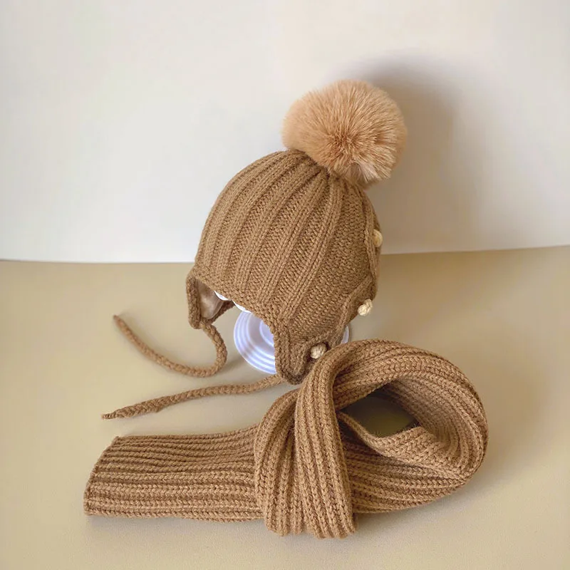 2Pcs Winter Baby Hat Scarf Gloves Set Solid Color Toddler Bonnet Cute Pompom Knitted Hats Outdoor Warm Infant Accessories 1-5Y