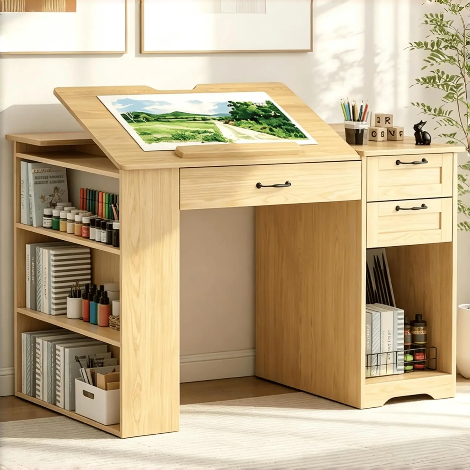 Drafting Table with Storage Cabinet & Drawers, Adjustable Drawing Desk with Open Shelves, Craft Table Painting Desk, Customized