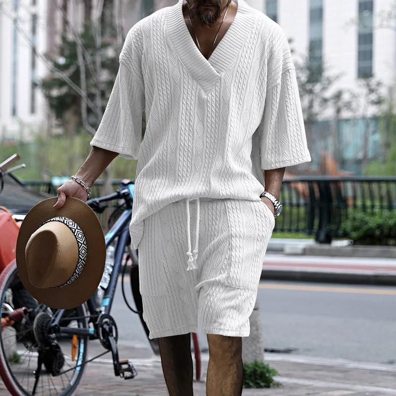 Summer V-neck T-shirt Suit Sportswear Two-Piece Casual Loose Seven-Point Sleeve Jacquard knit Short Sleeved Shorts Set For Men