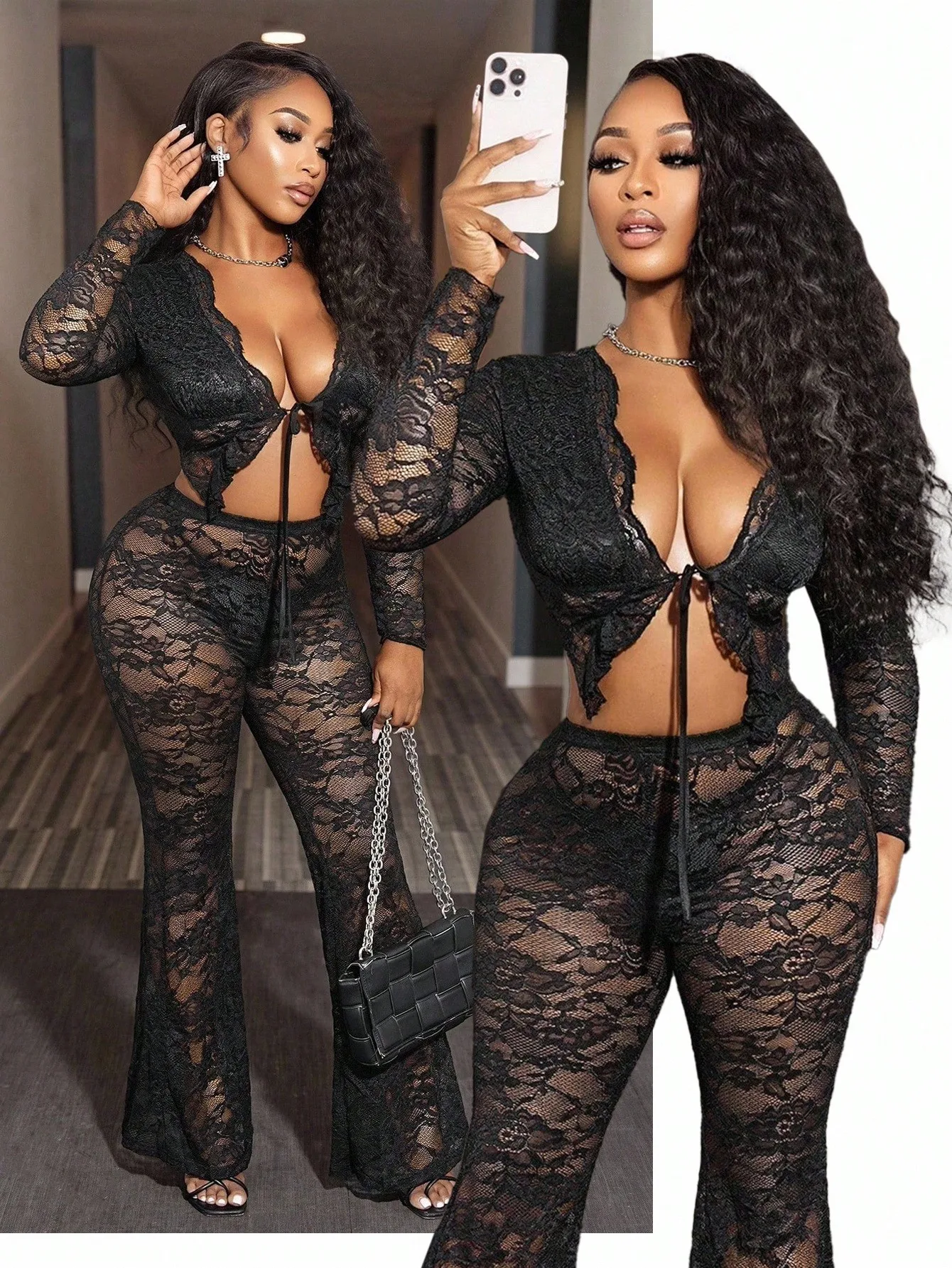 Set da donna sexy in pizzo a 2 pezzi con top a maniche lunghe e pantaloni a zampa, abbigliamento da club trasparente per serate fuori