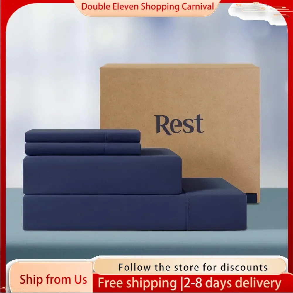 Cooling Sheet Set, Midnight Blue, Breathable Bed Sheets Pillowcases,  Ionic+ Self-Cleaning Silver Yarn for Sensitive Skin