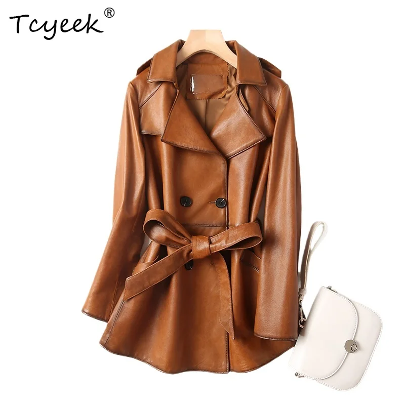 Tcyeek طبقة علوية من جلد الغنم للربيع والخريف بدلة بياقة متوسطة الطول سترة نسائية عصرية من الجلد الطبيعي Жensarska Kostangnya Kursatka