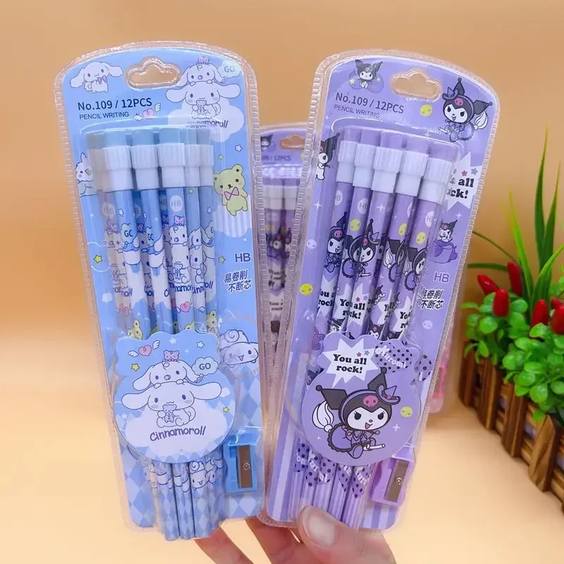 Sanrio HB Pencils 12 Pencils & 1 Pencil Roller Stationery Box Set Student Writing Drawing Kuromi HB Pencils Sketch Pens