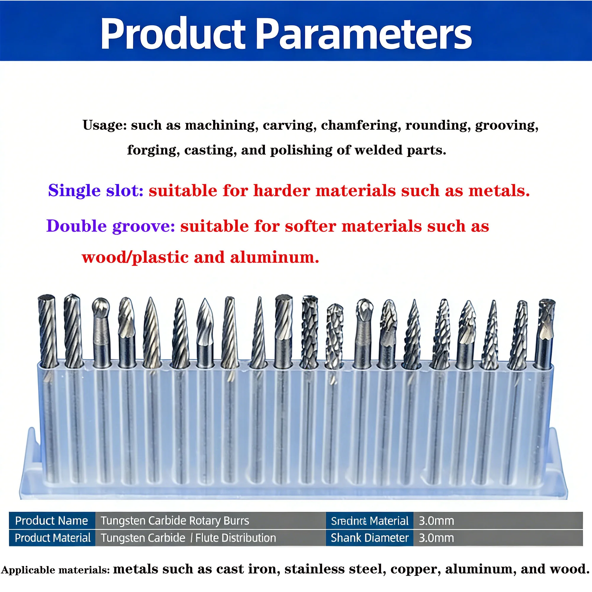 3x3mmセットタングステン鋼研削ヘッド彫刻ロータリーファイルダイヤモンド研削鋼木材金属石加工フライスカッター