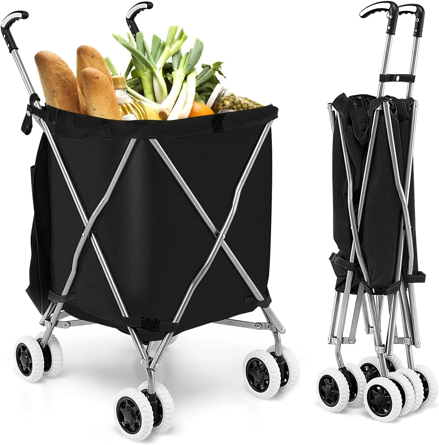 Folding Shopping Cart, Portable Grocery Cart on Wheels with Removable Waterproof Oxford Cloth Liner, Transport Up to 120 Pounds