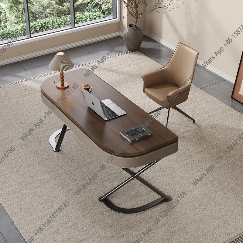 

High-end solid wood desk light luxury modern simple saddle leather home study bedroom walnut leather office desk